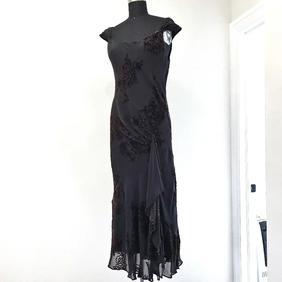 Vintage Y2K Silk Romantic Dark Floral Velvet Burnout Midi Dress - Picture 5 of 11